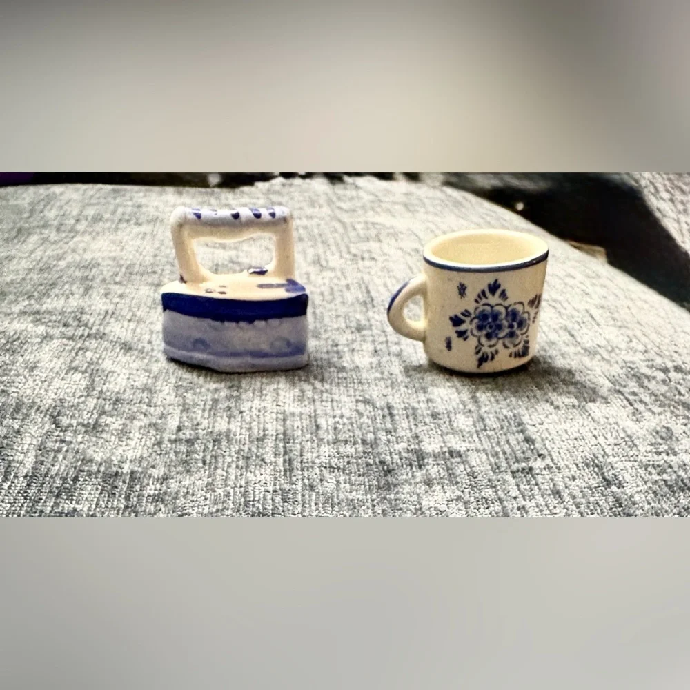 delft ceramic miniatures- set of 2 a mug and an iron. farm house chic vintage